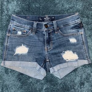 Hollister Women's Dark Wash Distressed Low Rise Jean Shorts